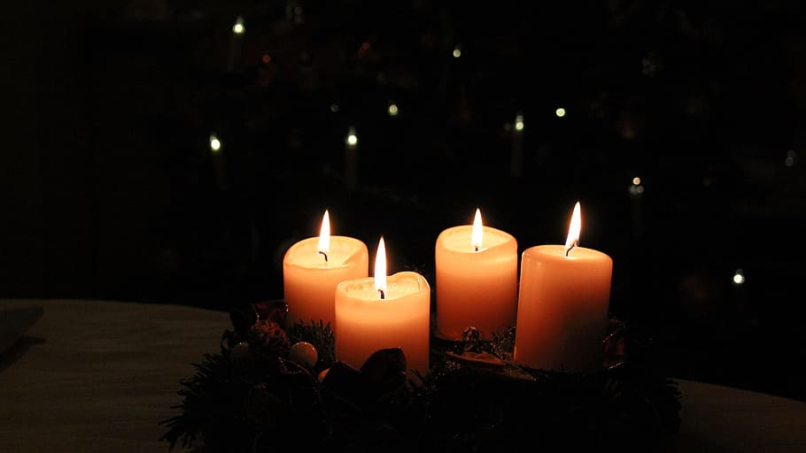 four, lightened, pillar candles, advent, advent wreath, candles, december, decoration, atmosphere, christmas