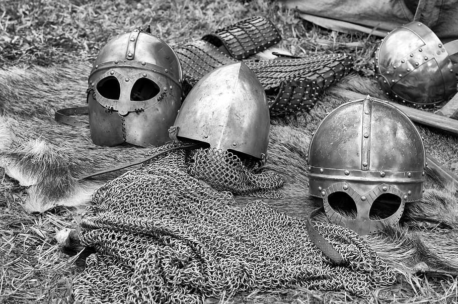 grayscale photo, iron helmets, armor, coat of mail, the middle ages, uniforms, knight's, metal, chivalry, knight's armour