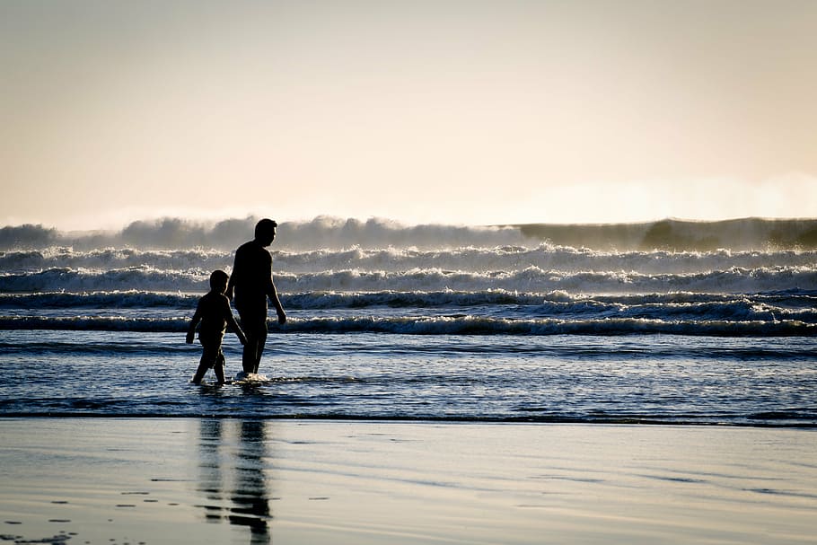 Niño, hombre, caminar, cuerpo, agua, silueta, foto, al lado, orilla del mar, personas