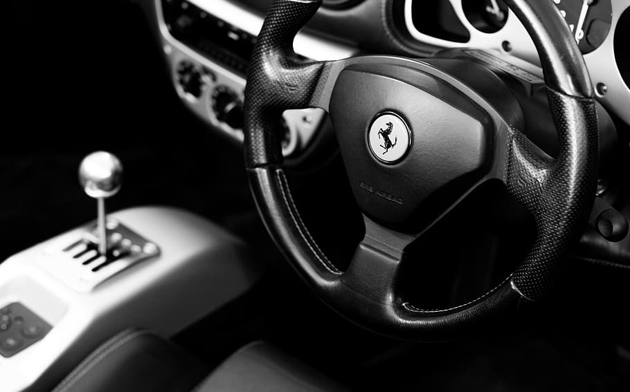 black, ferrari car steering wheel, supercar, interior, automobile, car, vehicle, auto, motor, luxury