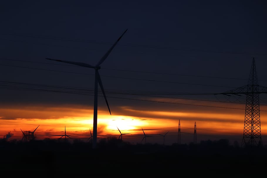 wind power, energy revolution, wind energy, windräder, power generation, sunset, environmental technology, sky, silhouette, electricity