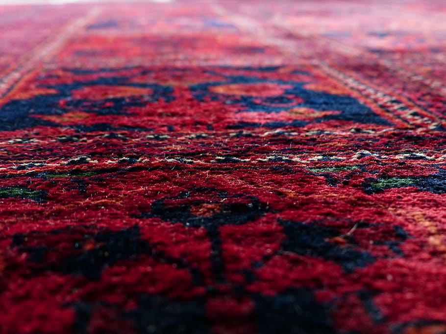 rojo, azul, floral, alfombra de área, bajo, fotografía de ángulo, alfombra, atar, seda, lana