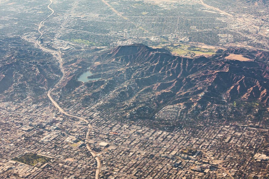 Hollywood Hills, Hollywoodland, Hills, Hollywood Sign, Depósito, antena, América, ojo de pájaro, ciudad, desde el avión