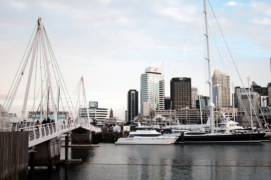 auckland, new zealand, travel, bay, cities, ships, boats, sky, clouds, port