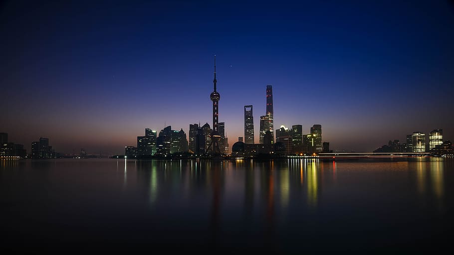city buildings, body ofwater, shanghai, huangpu river, sunrise, building exterior, architecture, built structure, night, city