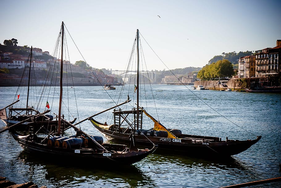 three, black, sailing ships, dock, river douro, porto, rabelo boat, portugal, port wine, ribeira