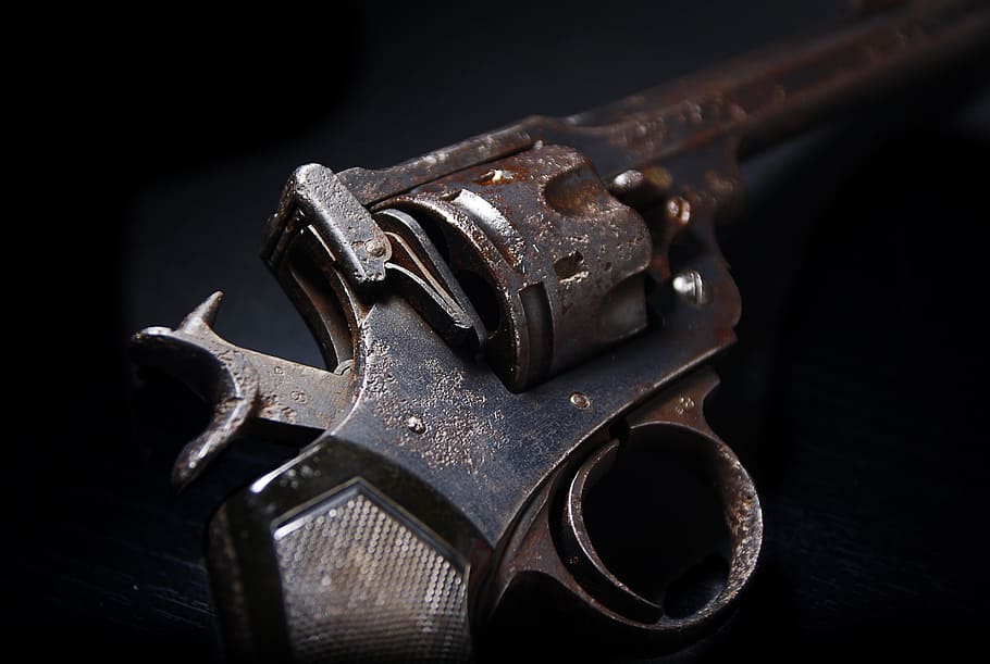 closeup, gray, revolver, Weapon, Hand Gun, Handgun, 45, black powder, war, fight