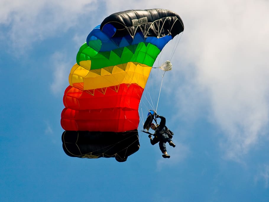 skydiving, sport, extreme sports, parachutist, competition, sky, adventure, flying, low angle view, paragliding