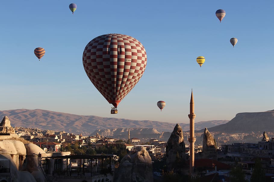 balão de ar quente, capadócia, turquia, balão, paisagem, viagem, colorido, nascer do sol, veículo aéreo, arquitetura