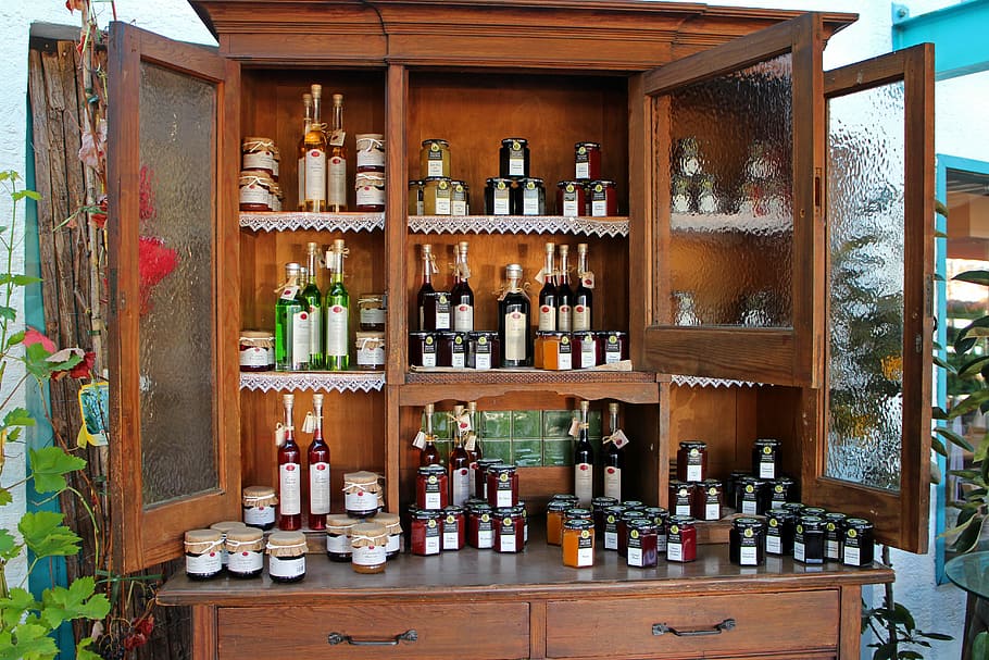 Cabinet, Display Case, Exhibition, Deco, canning, storage, spirits, marmalades, glasses, decoration