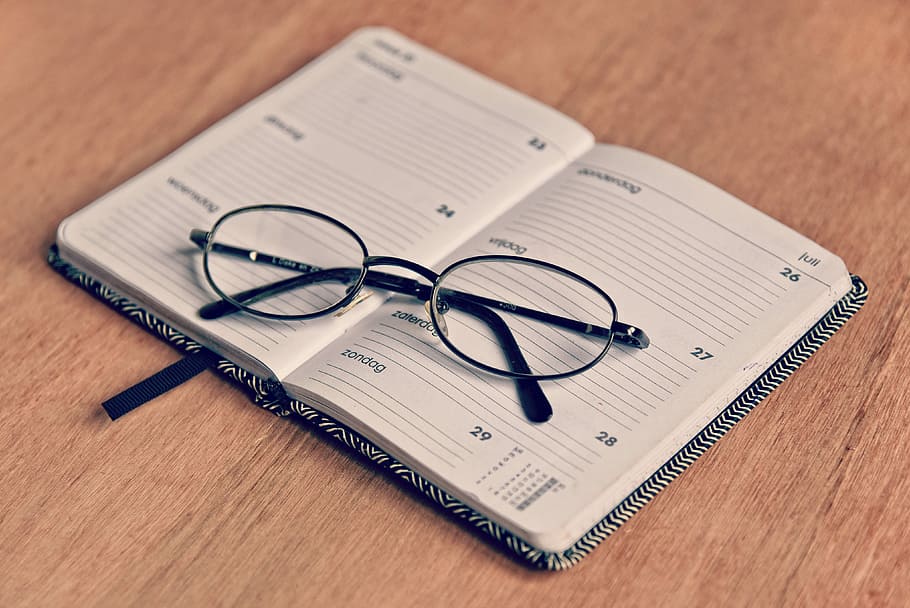 eyeglasses, white, book, agenda, note book, schedule, planner, organizer, memo, appointment