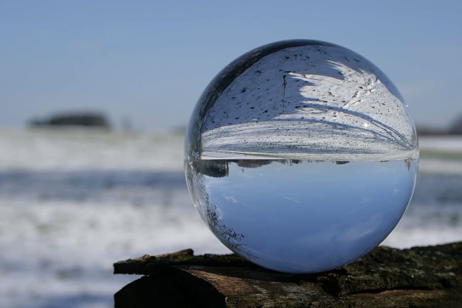glass ball, upside down, winter, wintry, mirrored, snow, cold, reflection, close-up, beach