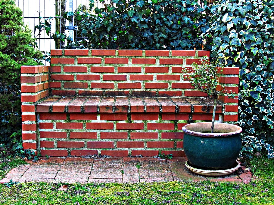 bench, brick, seat, old, stone, plant, architecture, wall, day, building exterior