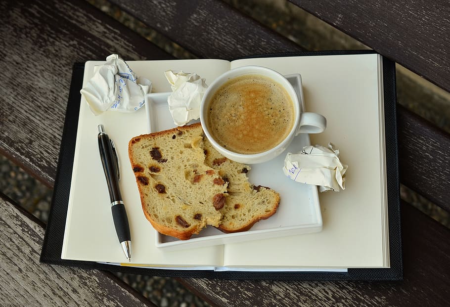 slice, bread, coffee, white, book page, break, coffee break, cup, notebook, write down