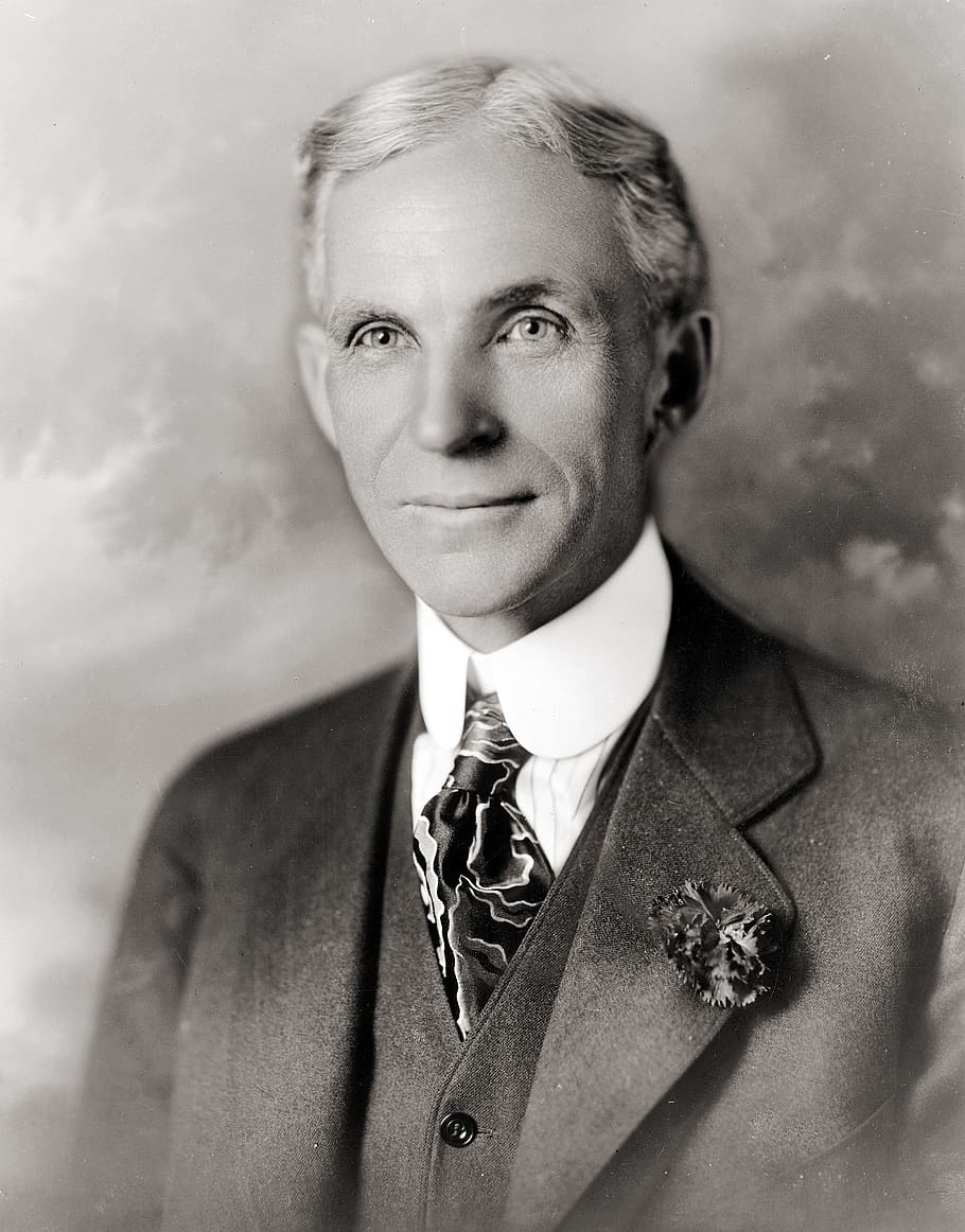 smiling man, henry ford, portrait, man, suit, tie, 1919, black and white, looking at camera, one person