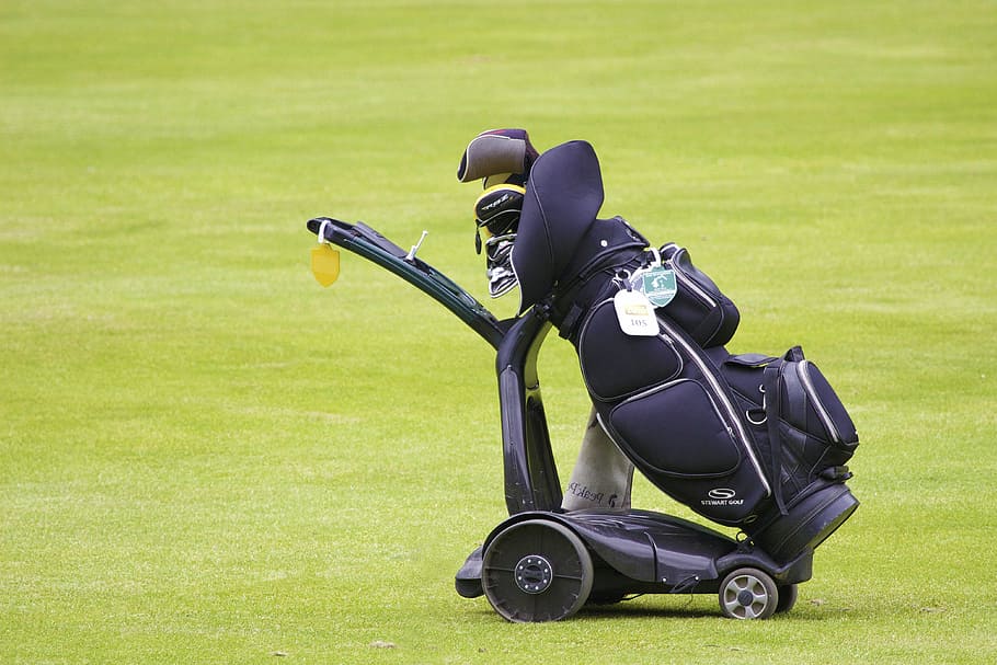 black, golf bag, golf bag trolley, daytime, golf, bag, equipment, club, grass, golf-club