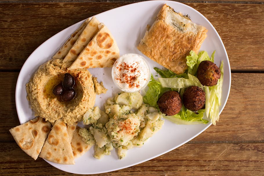 flat, lay, photography, flatbread, plate, hummus, falafel, authentic greek, greek food, mezes