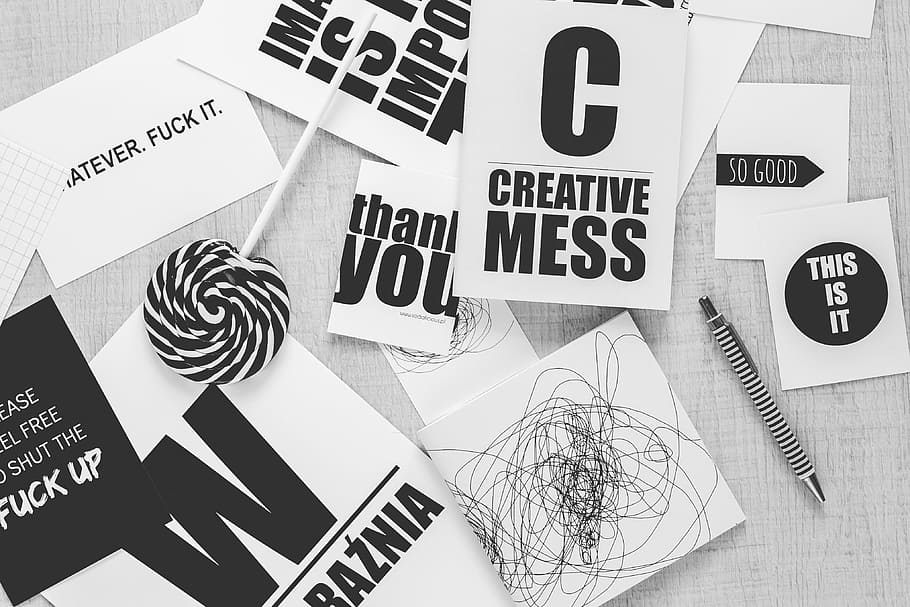 creative, mess paper, pen, lollipop, typography, sentence, black, white, black and white, desk