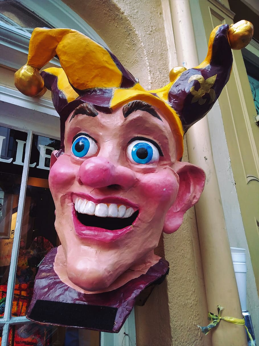 new orleans, mardi gras, head, giant, giant head, puppet, mask, carnival, louisiana, sign