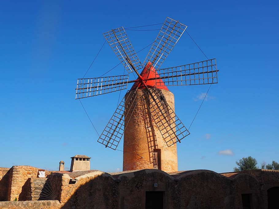 brown, red, concrete, windmill, mill, wind power, algaida, mallorca, landmark, places of interest