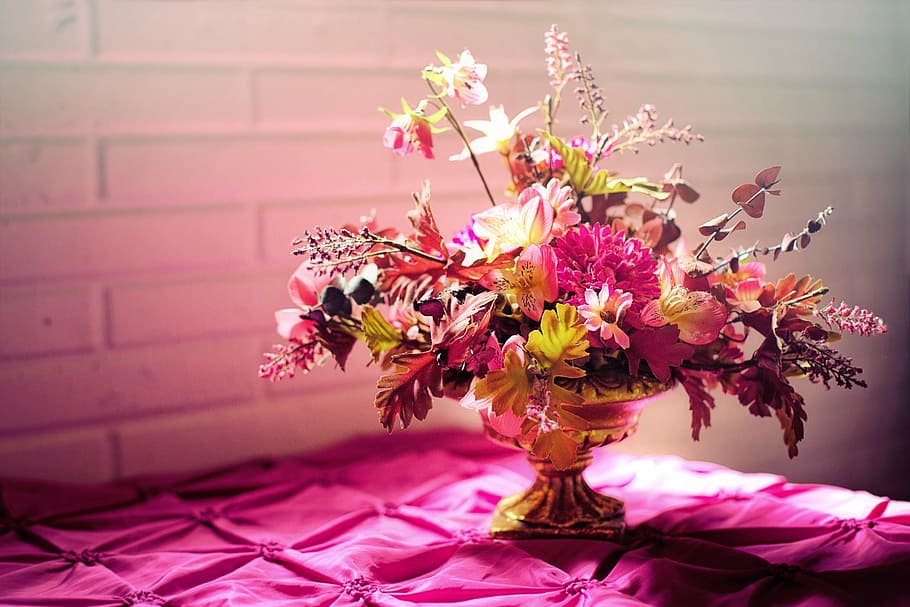 purple, yellow, flowers table centerpiece, flowers, bouquet, pink, text space, bouquet of flowers, flowers bouquet, colorful