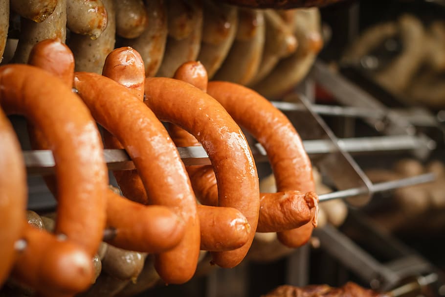 skewered sausage, sausage, grill, barbecue, grill sausage, bratwurst, eat, red sausage, food, delicious