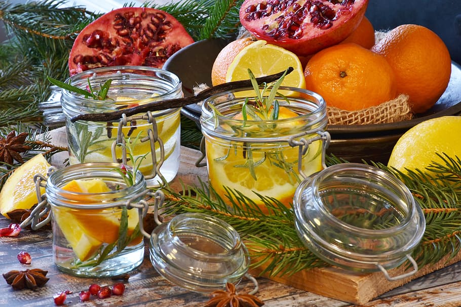 sliced, lemon, clear, glass jars, christmas, advent, orange, pomegranate, fruit, colorful