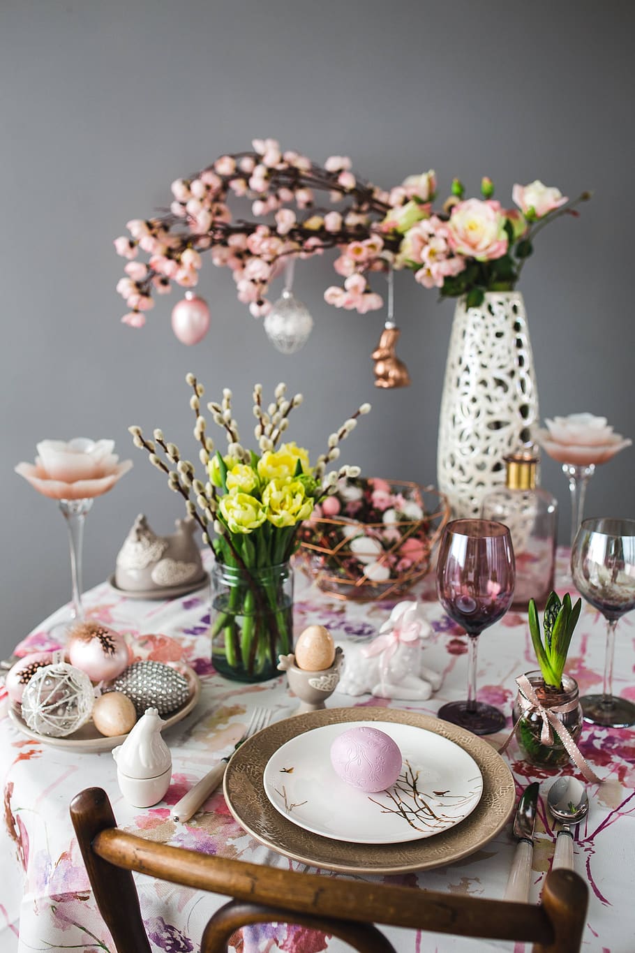 mesa, lindo, dulce, vacaciones, rosa, huevos, decoración, adornos, celebración, Pascua