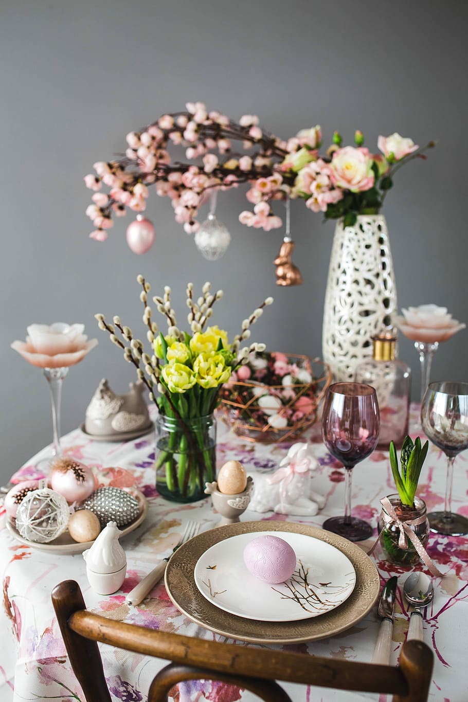 lucu, pink, dekorasi, bunga, catkins, telur, meja Paskah, meja, manis, liburan