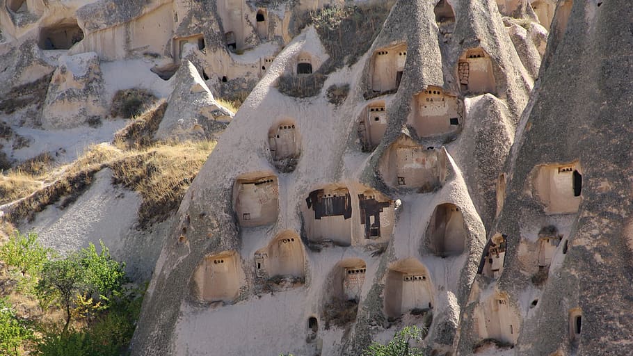 Casas, acantilado, durante el día, Capadocia, Kapadokya, Uchisar, museo, Turquía, viajes, turismo