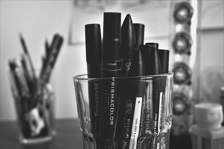 preto e branco, vidro, canetas, marcador, escola, escritório, suprimentos, interior, sem pessoas, escolha