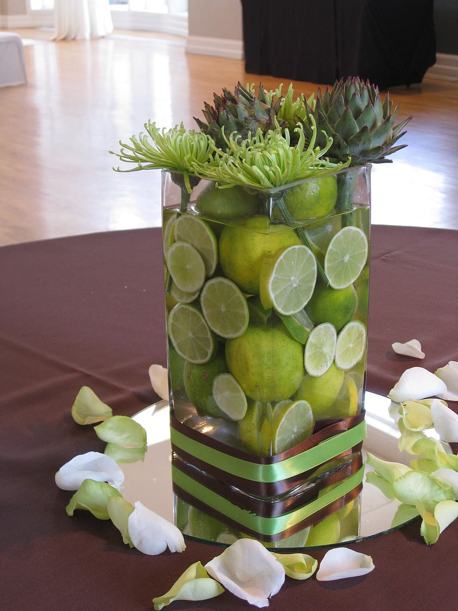 limes, centerpiece, vase, green, decoration, arrangement, indoors, table, food and drink, freshness