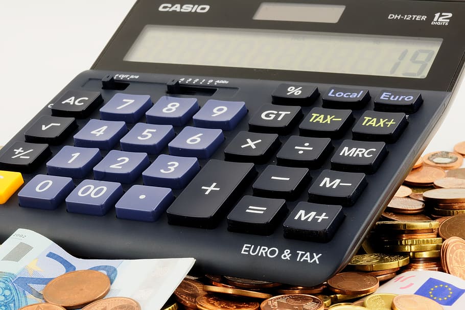 close-up, black, casio, dh-12ter, desk, calculator, displaying, 19, euro, money