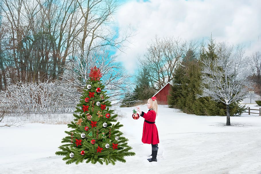girl, red, dress, standing, front, christmas tree, christmas, snow, tree, decoration