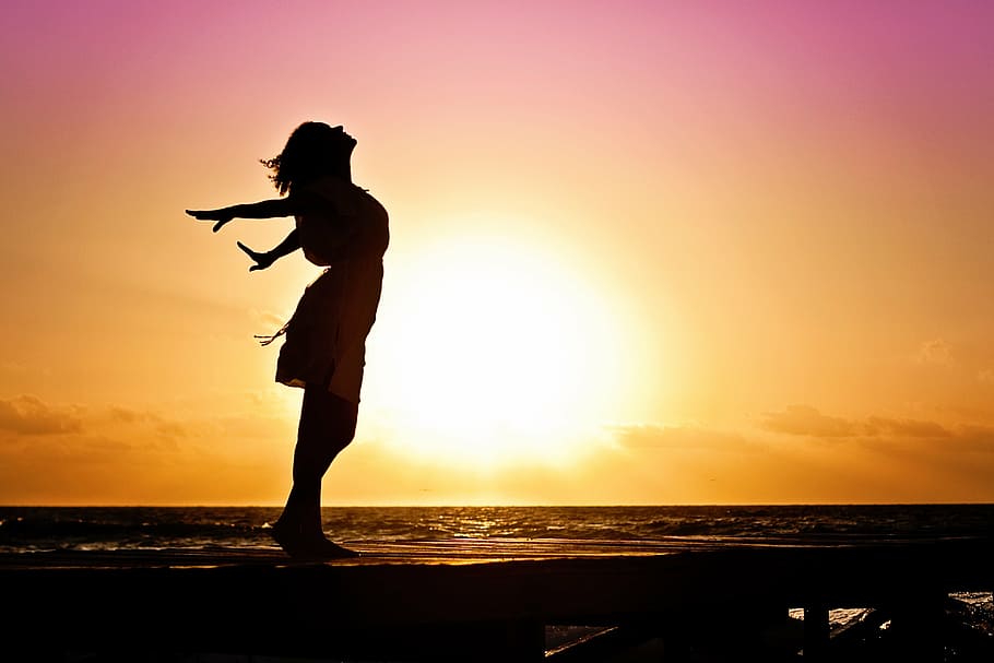 black, white, horse figurine, woman, standing, sea, sunset, happiness, sunrise, silhouette