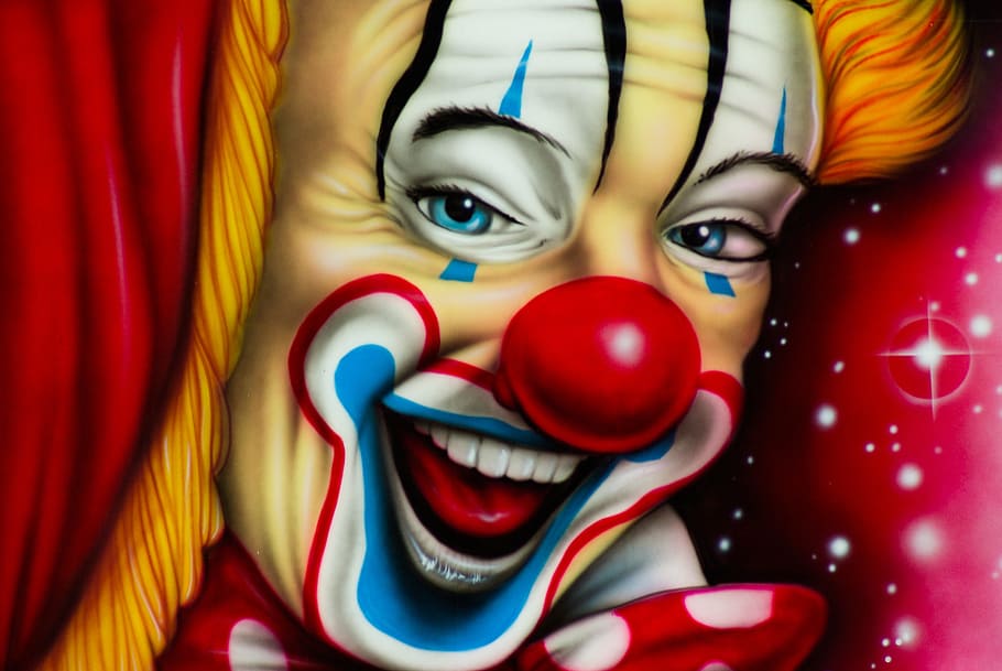 clown illstration, clown, circus, painting, art, disguise, show, artist, red, multi colored