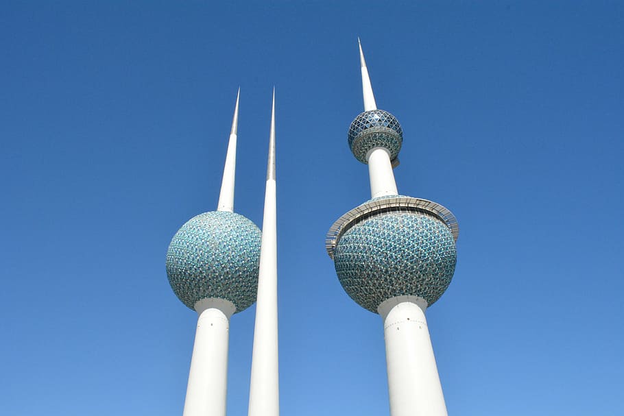 blue, white, pointed, structure, kuwait towers, landmarks, kuwait, tower, cityscape, skyline