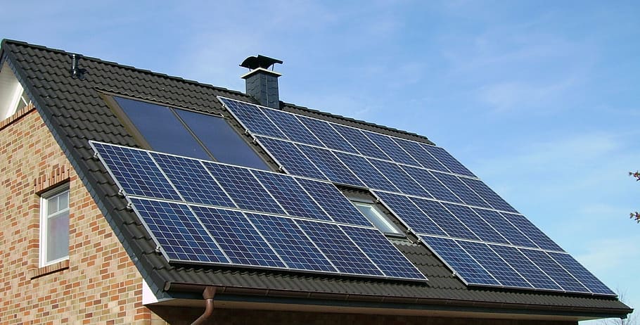 blue, solar, panel, top, roof, solar panel array, home, house, residential, residence