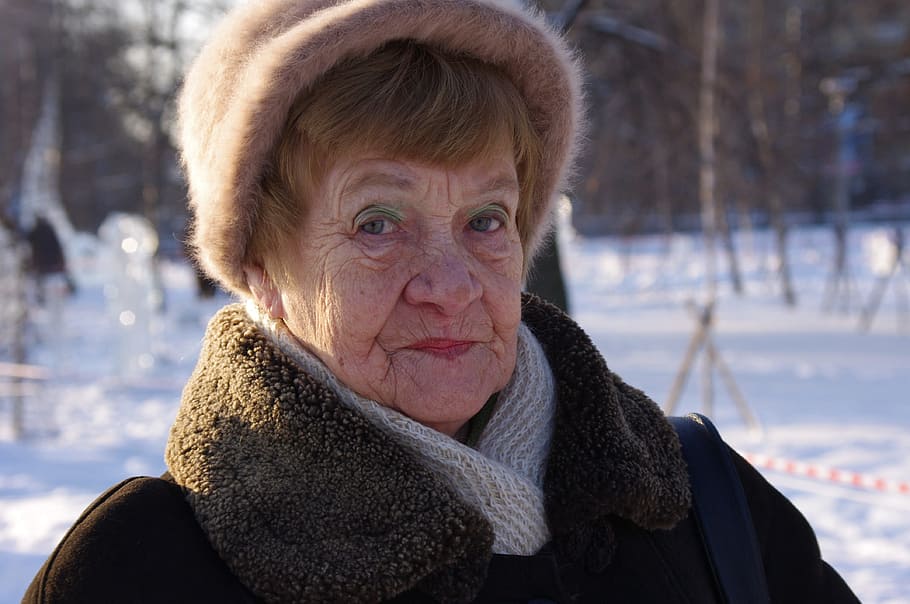 woman, wearing, gray, coat, grandma, pensioners, portrait, old, winter, cold temperature