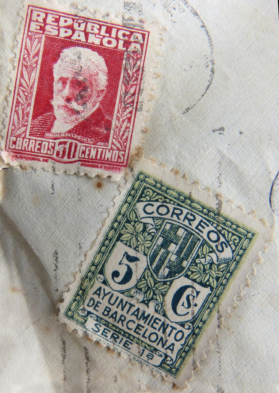 perangko, tua, segel tua, republik spanyol, barcelona, ​​pablo iglesias, surat, kertas, masa lalu, cap pos
