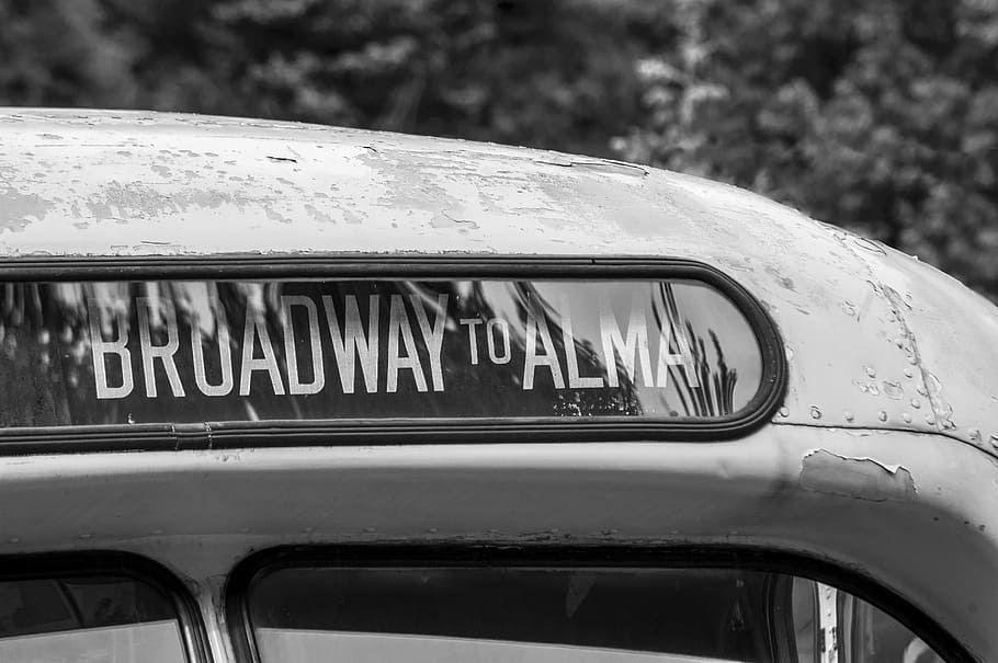 grayscale photography, broadway, alma, car route signage, Vintage, Bus, Travel, Retro, Journey, trip