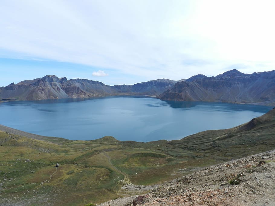 lake during daytime, mt paektu, the heavens and the earth, north korea, tranquil scene, mountain, scenics - nature, tranquility, beauty in nature, water