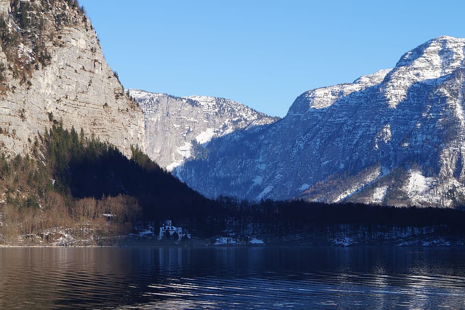 snow mountain, mountain, austria, hallstatt, winter, scenery, icecap, village, snow, landscape