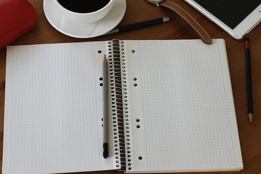 note, coffee, pencil, pen, table, drink, book, cup, spiral notebook, coffee - drink
