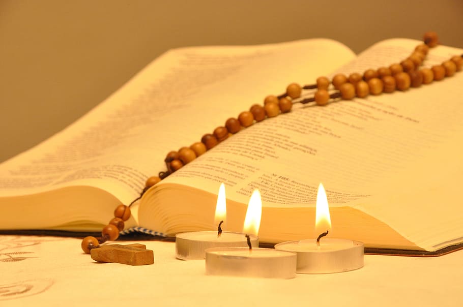 rosary, open, book, 3, lit, tealight candles, open book, tealight, candles, bible