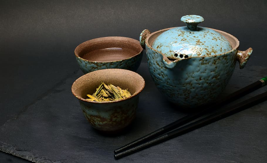 tres, azul y marrón, cerámica, frascos, tee, juego de té, chino, china, juego de té de viaje, té verde