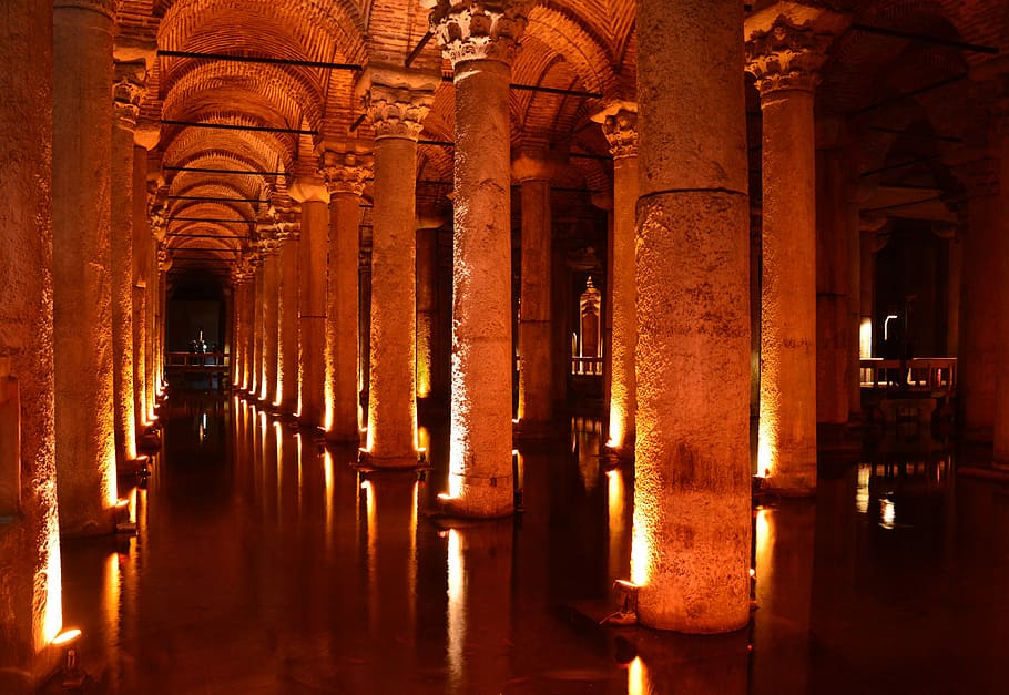 Basílica cisterna, Catedral, Estambul, Turquía, arquitectura, basílica, cisterna, fotos, interior, dominio público