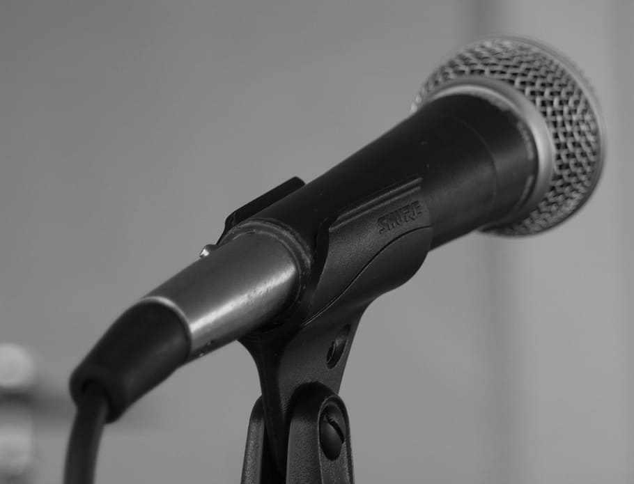 grayscale photo, microphone, stand, mic, music, still life, pipe, plumbing, fossil fuel, vintage