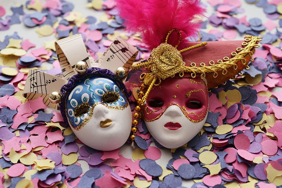 blue, red, masks, mask, carnival, confetti, colorful, venice, mysterious, close