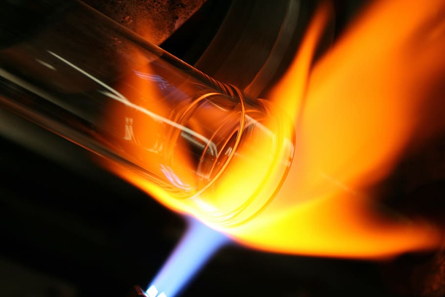 aquecida, tubo de vidro, vidro aquecido, vidro, fogo, calor, química, experiência, cor laranja, temperatura do calor
